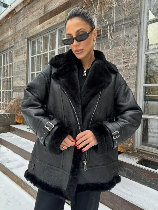 Черная дубленка авитор на овчине - фото 1