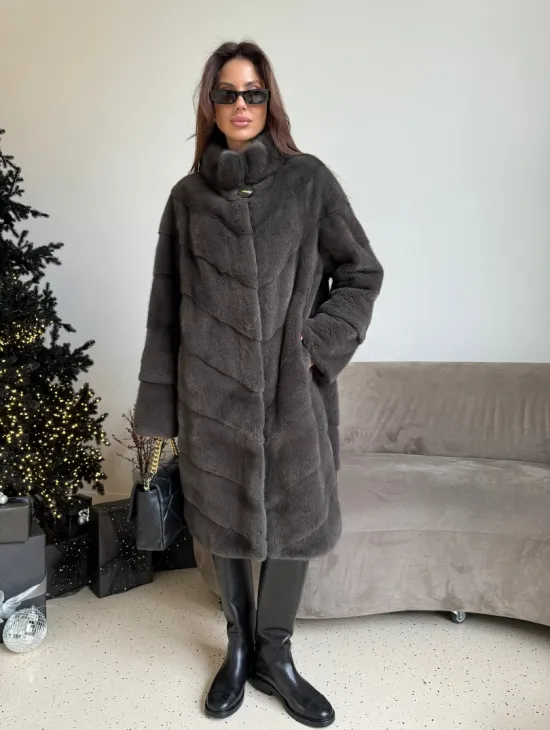 Норковая шуба стойка воротник - цвет графит - фото 0