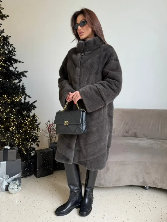 Норковая шуба стойка воротник - цвет графит - фото 2