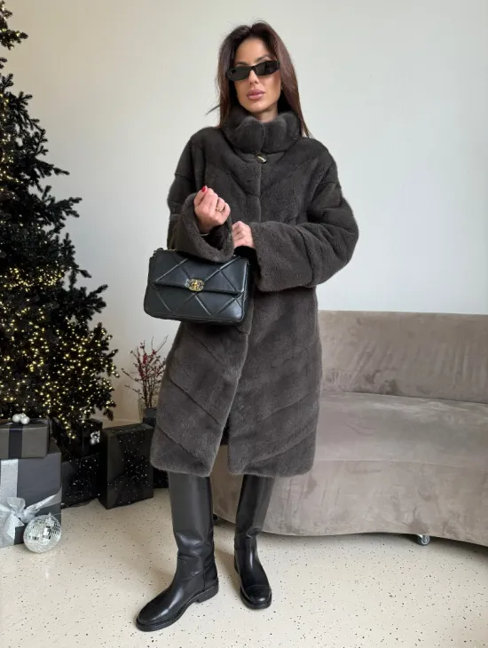 Норковая шуба стойка воротник - цвет графит - фото 4