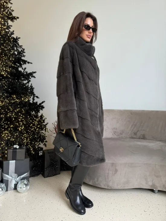 Норковая шуба стойка воротник - цвет графит - фото 5