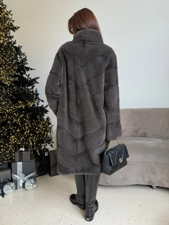 Норковая шуба стойка воротник - цвет графит - фото 3