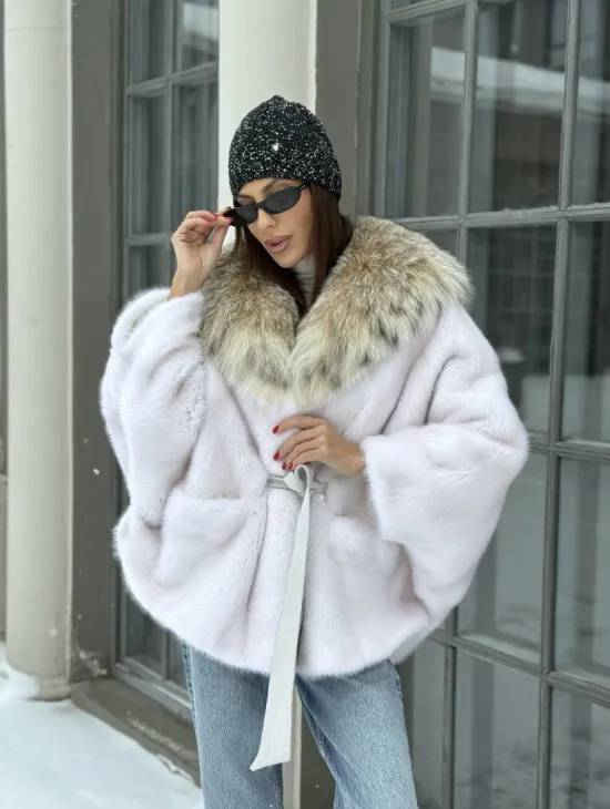 Норка роспуск с капюшоном из меха рыси, летучая мышь - цвет жемчуг - фото 6