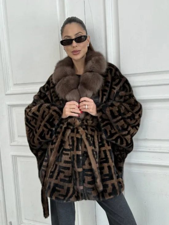 Норка летучая мышь воротник из меха куницы, принт - цвет соболь - фото 4