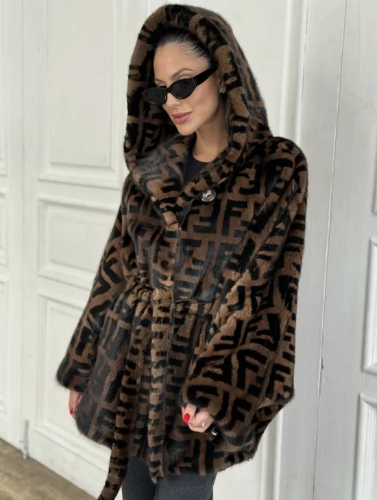 Норка летучая мышь с капюшоном, принт - цвет соболь - фото 1