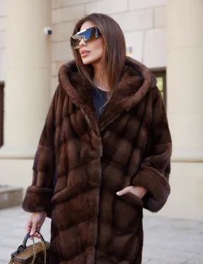 Шуба норковая с капюшоном - цвет соболь - фото 1