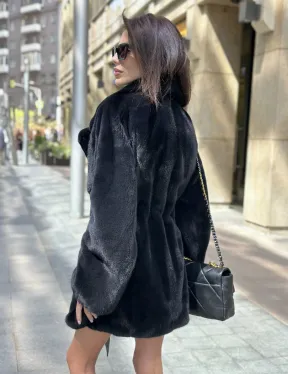 Шуба из плюшевой норки NAFA, роспуск - цвет черный изумруд - фото 2