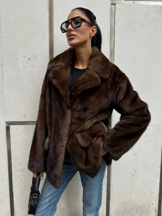 Шуба норковая - жакет с английским воротником цвет соболь - фото 10